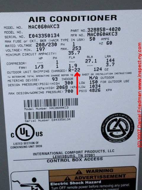 air conditioner label with red arrow pointing to section that shows "charged with" and refrigerant type