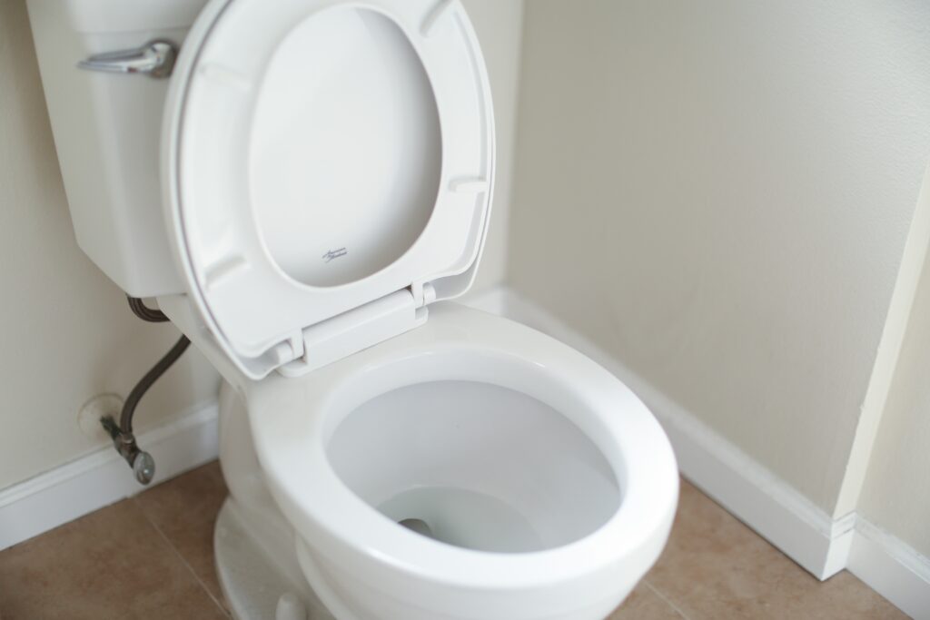 White toilet in a home bathroom.