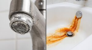 White hard-water scale and orange iron staining in Chester County well water